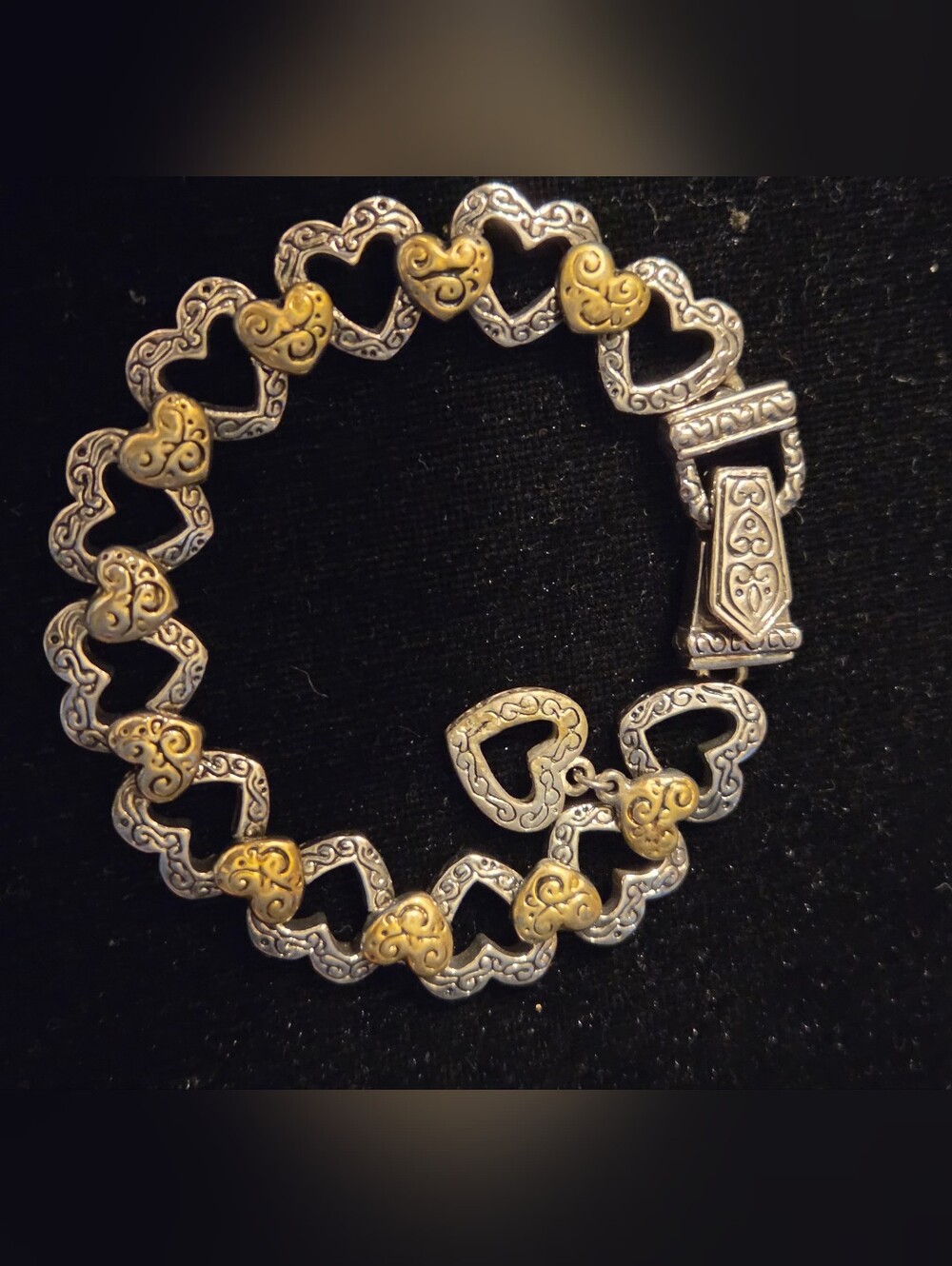 Vintage Two-Tone Gold & Silver Link Heart Bracelet with Textured Hearts